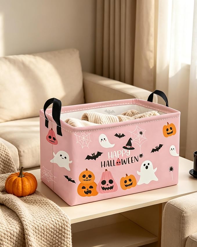 Essme Rectangular Halloween Basket,Kids Storage Bins Organizer with Handles for Room Decor, Gift Basket,Shelf Basket.(Cute Halloween)