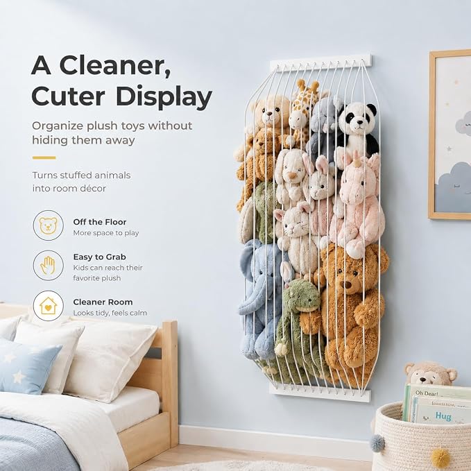 Stuffed Animal Storage Wood Soft Toy Storage for Kids Room，Wall Mount Door Hanging Stuffed Animal Toy Organizer Shelf for Nursery Play Room White -Patent