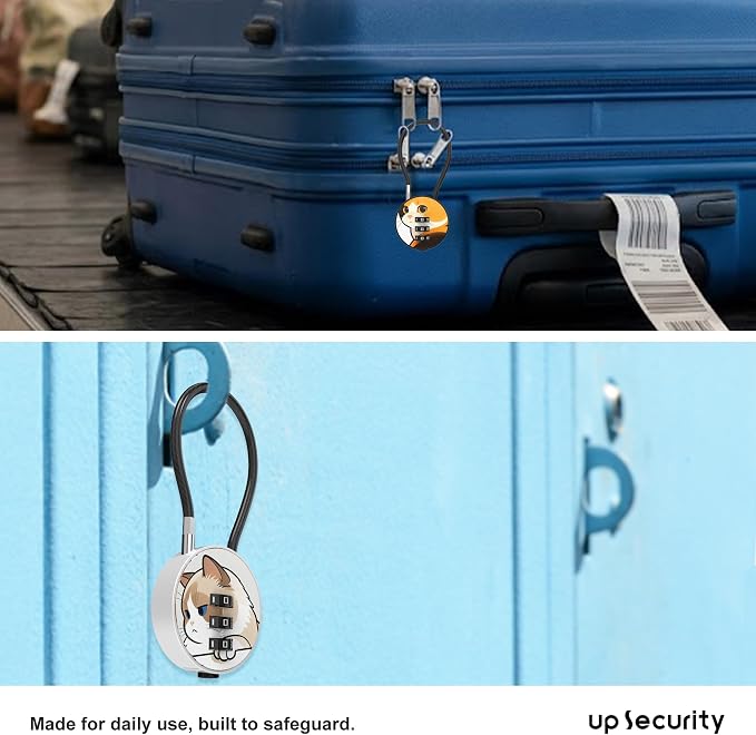 Small Combination Lock for Luggage, Gym Locker, Backpack Bag Zipper, Mini Combo Lock with Code, 5.12 Inch Steel Cable Padlock for Travel Suitcase (4-Cat, Cute)