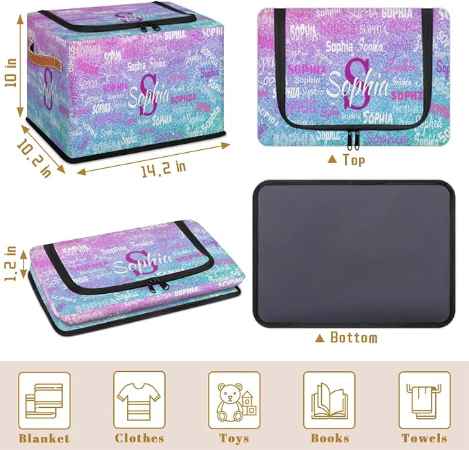 Custom Storage Baskets Named with Zipper Lid, Pink with Blue Bling Glitters Personalized Storage Bins Basket Boxes PU Leather Handles for Clothes Bedroom Closet Organizing Toys Books Shelves
