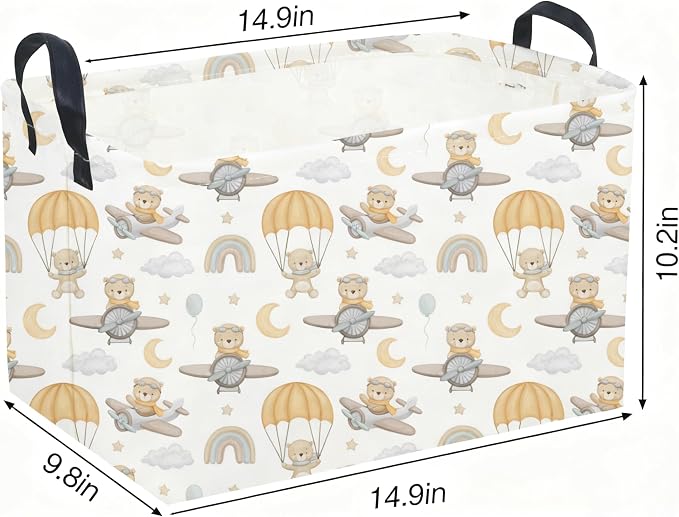 Sanjiaofeng Rectangular Kids Basket Bear Storage Bins,Cute Storage Basket with Handles.Clothers,Books,Kid's Gifts Bins. (Airplane Bear)