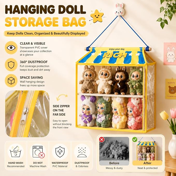 Dustproof Hangingcute Doll Storage Display Organizer with Clear PVC Cover | Cute Doll Storage Bag,High-Contrast Fabric Plush Figure Wall Holder for Labubu Molly Dimoo,Gift for Doll Collectors