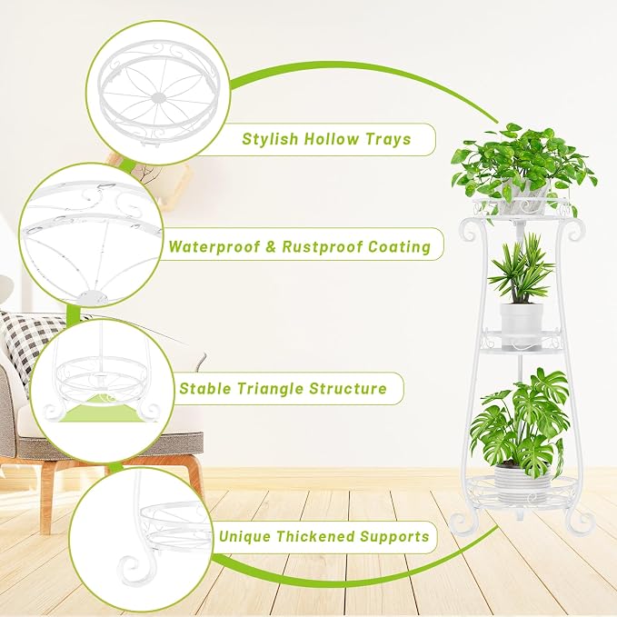 KMOTASUO 3 Tier Metal Plant Stand Tall for Indoor Outdoor Corner, White | Heavy Duty Flower Holder Rack, Modern Vertical Iron Shelf for Patio Bathroom Office Garden