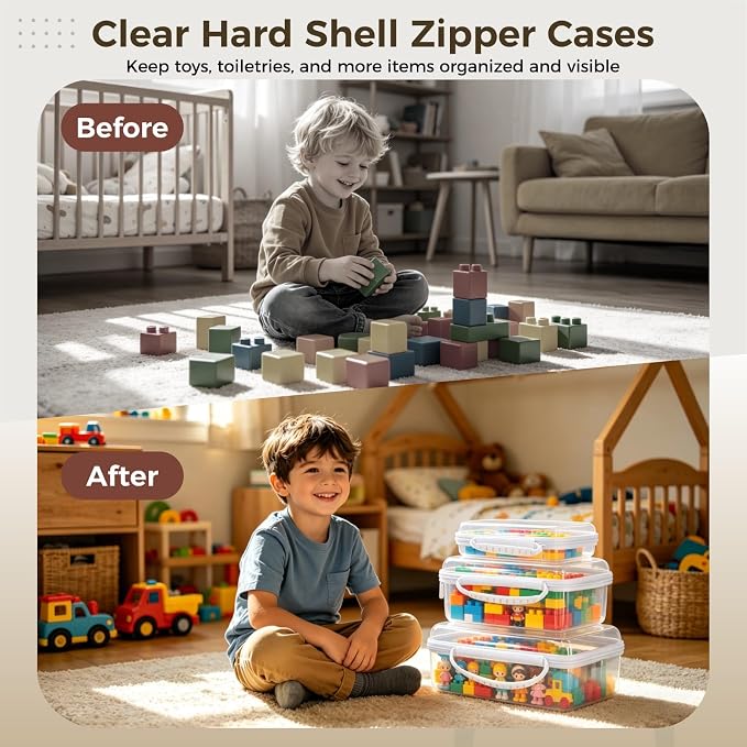 3 PCS Clear Hard Shell Zipper Cases for Makeup Toiletry Travel, Transparent Plastic Storage Boxes, Portable Waterproof PET Organizer Bins, Clear Cosmetic Storage Case Set