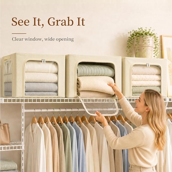 GoMaihe Clothes Storage Bins with Metal Frame for Closet, 40L 6-Pack Beige | Seasonal Clothes Hoodies Jeans, Closet Top Shelf Linen Closet Organizer, 3 Side Access Stackable Collapse-Proof, Clear Window