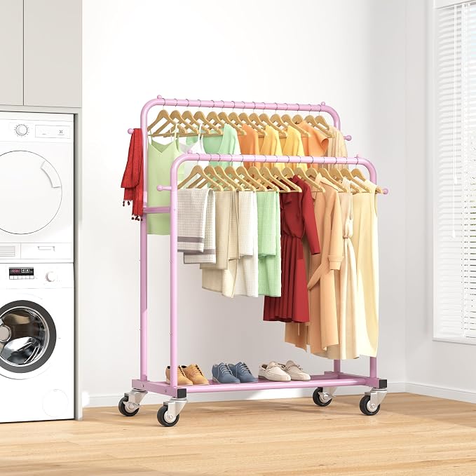 Laiensia Double Rods Garment Rack with Wheels, Clothing Rack for Hanging Clothes,4 Hooks, Multi-Functional Bedroom Clothes Rack, Pink