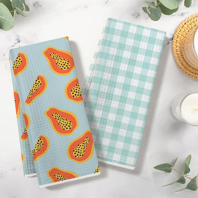 Papaya and Green Checkered Kitchen Towels, Quick Dry Multipurpose Waffle Weave Hand Towels for Bathroom, Absorbent Reusable Cloth Tea Dish Towels for Home Decor, Papaya Lover Gift Towel Set of 2