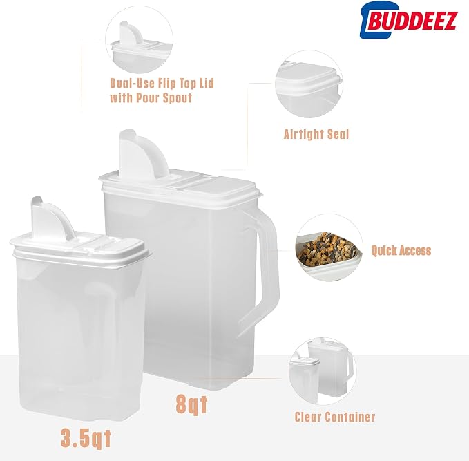 Buddeez Pet Food Storage Containers - 2 Count Bird Seed Dispenser with Pour Tight Lids and Easy Pour Spouts, 8 Qt and 3.5 Qt, Bird Seed Storage for Small and Large Feed, BPA Free