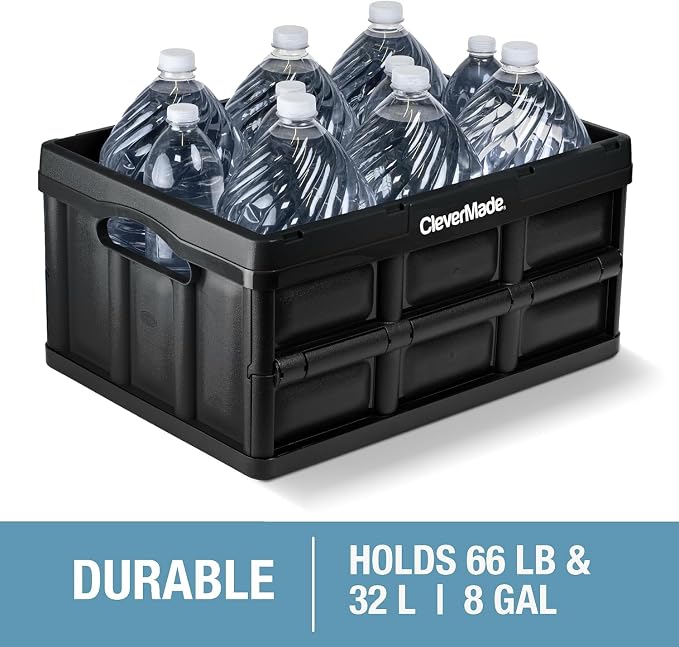 CleverMade Collapsible Storage Bins, 32L, 3 Pack Foldable Storage, Stone | Turn Trunk and Garage Clutter into Stackable Order | Reinforced Plastic Handles Up to 66 lb, Then Nests Compactly When Folded