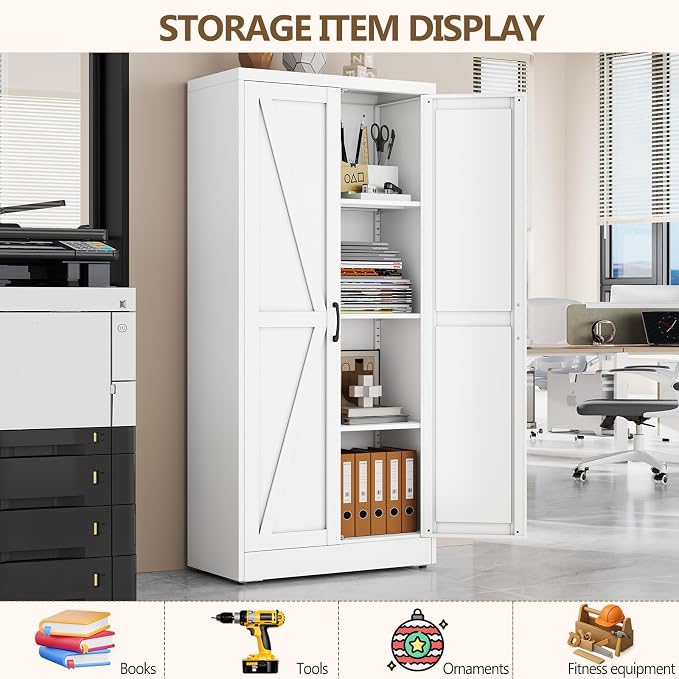 White Metal Storage Cabinet, 63" Kitchen Pantry Cabinets for Office | Steel Kitchen Pantry Storage with Doors and 3 Adjustable Shelves, Metal Tool Cabinet, for Office, Home, Garage, School