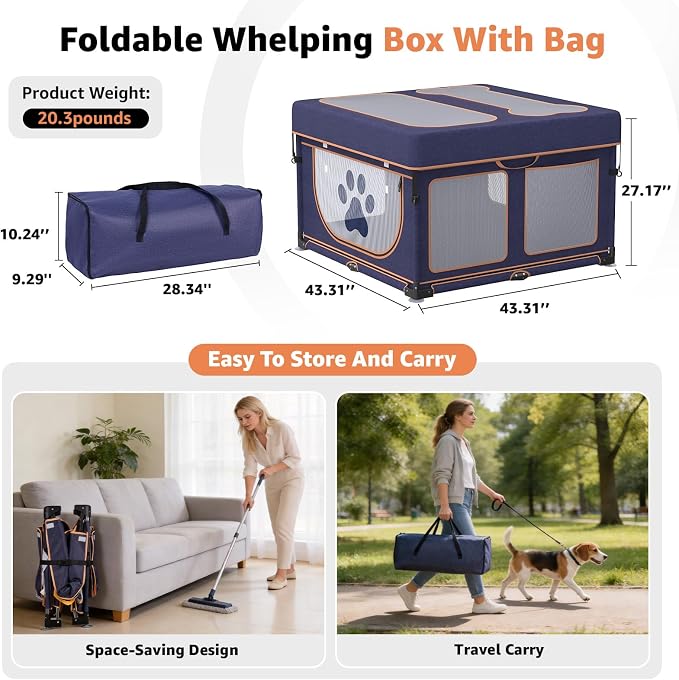 LOOBANI Foldable Dog Playpen Outdoor, 1 Min Setup, 43.3"x43.3"x27.1" | Pet Puppy Playpen Indoor With Cover,Waterproof Bottom & Bag, Portable Dog Fence For Yard, RV Camping,Travel,Blue+Yellow