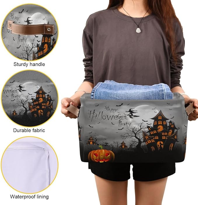 Halloween Spooky Witch Castle Storage Basket Fabric Kitchen Baskets Black Bat Ghost Pumpkin Open Home Storage Bins Boxes Foldable for Candy Toy Decorations Baskets 2 Pack 16×12×8 Inches
