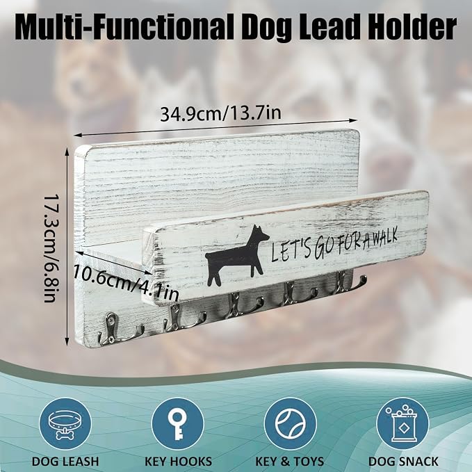 Wood Dog Leash Holder for Wall, Key Hanger with 5 Double Key Hooks | Dog Leash Hanger Wall Mounted for Entryway, Farmhouse Treats,35cm,White