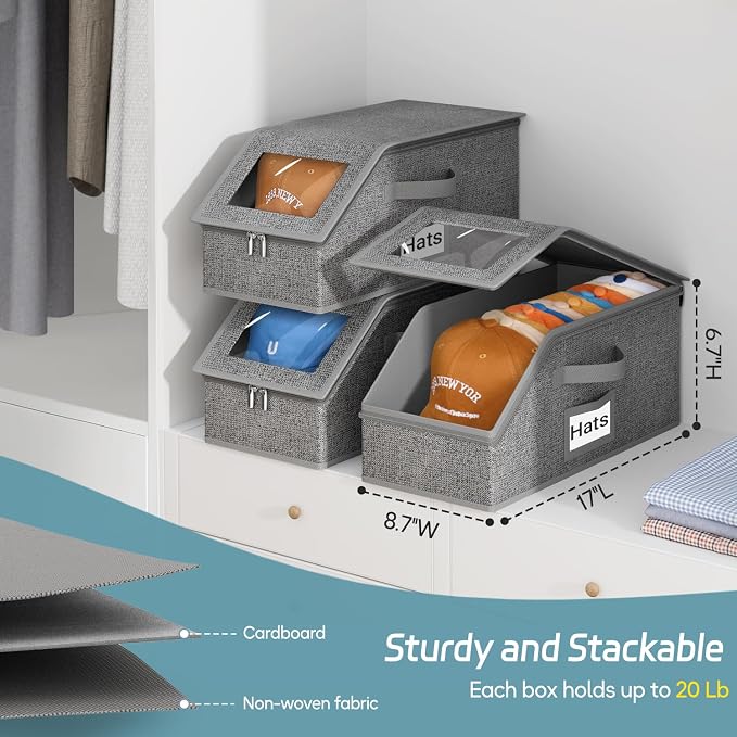 AOODA 3 Pack Stackable Hat Storage Box for Baseball Caps, Holds 36 Caps | Hat Organizer for Closet, Sturdy Hat Boxes for Men, with Cardboard, Space-Saving, Slate Grey