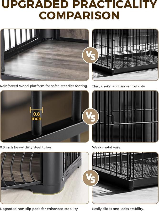 48 Inch Large Dog Crate Furniture, Heavy Duty Wood Dog Kennel Furniture Indoor for Large and Medium Dogs, Pet Crate Furniture with Adjustable Rotating Hanging Bowl and Table, Grey