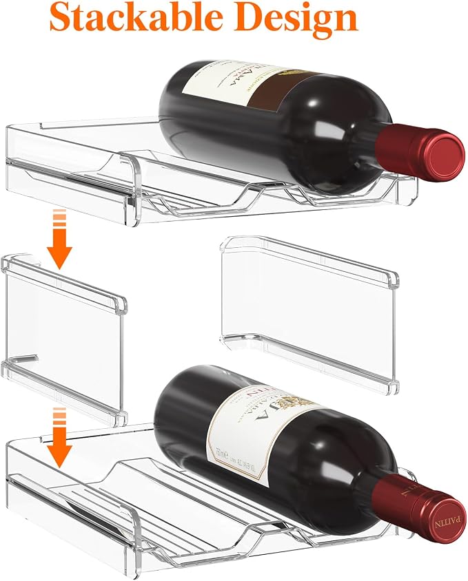 Lifewit Stackable Wine Rack for Cabinet, Plastic Refrigerator Wine Holder | Clear Water Bottle Storage Rack for Fridge Shelf, Tumbler Cup Organizer Holds 12 Bottles for Countertop, Kitchen Organization
