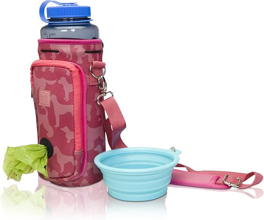 Made Easy Kit Water Bottle Carrier with Pocket for Dog Poop Waste Bags and Adjustable Padded Shoulder Strap (Tall & Large (40oz) with Bowl, Pink, Dog Silhouettes)