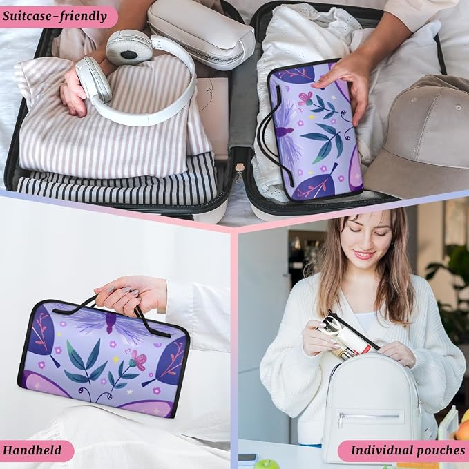 Purple Butterfly Makeup Bag for Women Hanging Roll-Up Travel Organizer Toiletry Kit with 4 Removable Compartments, Butterflies Rustic Floral