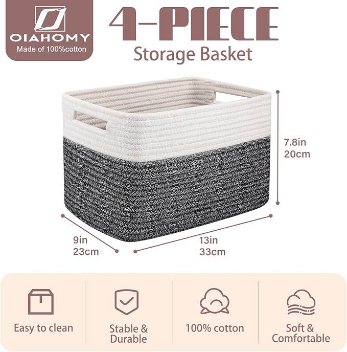 OIAHOMY 4 Pack Storage Basket, 13"x9"x7.8" Cotton Rope Baskets for Shelves, Closet Organizer for Bedroom & Living Room, Soft Decorative Bins for Organizing Towels, Books & Toys, Black & White