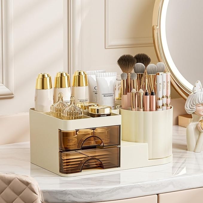 Makeup Organizer for Vanity with 2 Drawers,Countertop Rotating Makeup Brush Holder,Bathroom Organizer Holder,Cosmetic Display Case for Lipstick,Beauty,Skincare Organizer (Cream)
