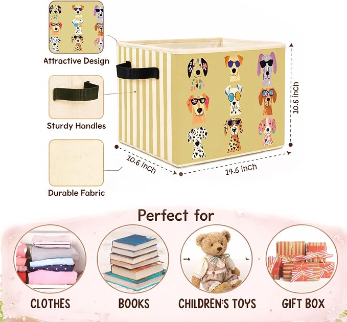 Dog Storage Bin, Puppy Sunglasses Yellow Green Stripe Fabric Basket | Foldable collapsible fabric organizer for nursery, playroom, toys, books, clothes