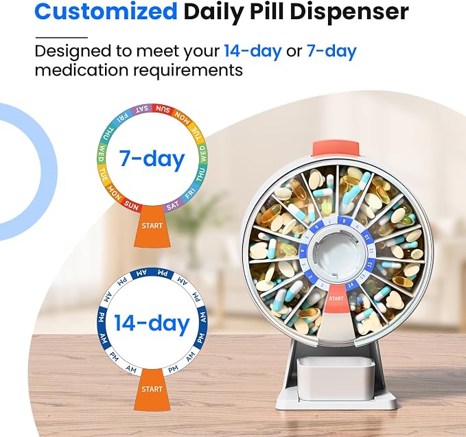Odaro Large Weekly Pill Dispenser 7 Day Am Pm, Easy One Button, White | Daily Medicine Pill Organizer, Large Compartments, Wall & Counter Mount, Easy Use, Easy Refill, Sturdy Hard Plastic