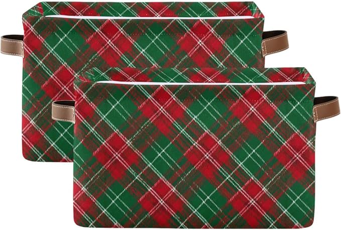 Christmas Buffalo Plaid Storage Basket with Waterproof Liner and PU Handles Winter Green Red Checked Storage Bins Boxes 14.2" Collapsible Decorative Organizer Baskets for Bedroom Closet Office 2 Pack