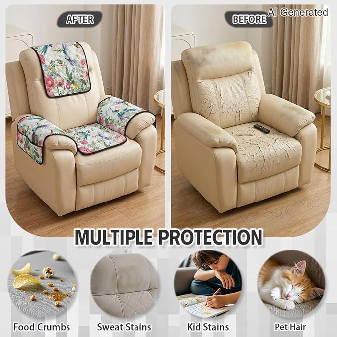 4-Piece Non Slip Recliner Chair Cover Hummingbird | Quilted Recliner Chair Covers with Pockets Floral Furniture Covers for Recliners Lazy Boy Sofa Armchair,Scratch Resistant