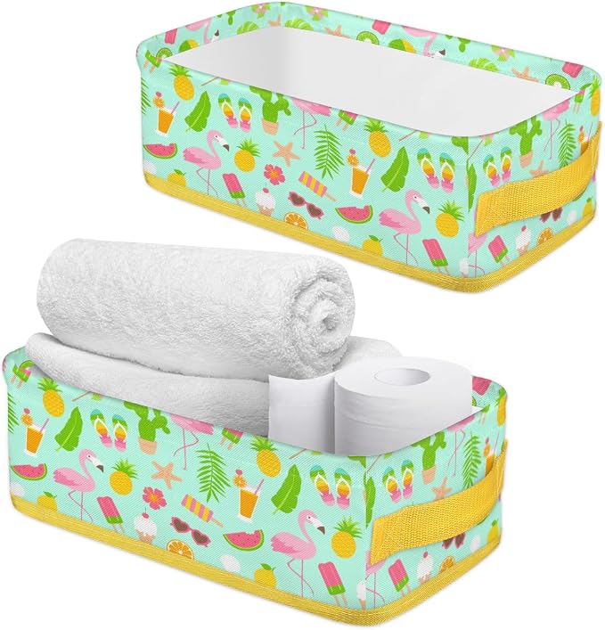 Summer Flamingo Fruits Bathroom Storage Basket, Foldable with Handle Open Countertop Paper Towel Decorative Box, Toilet Tank Top Shelf Baskets for Home Closet Bedroom Living Room O