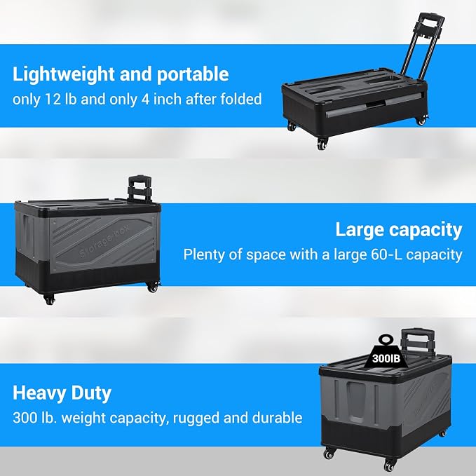 XCBYT 50L Foldable Rolling Crate, Spacious Storage Cart with Wheels | Spacious 50L capacity offers lots of room for groceries, tools or moving. Easy to assemble and folds flat for quick storage