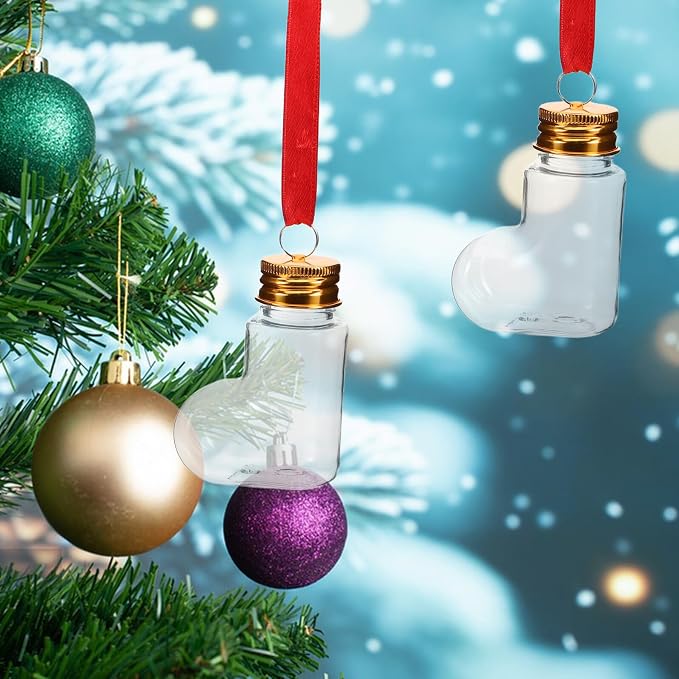 14pcs 50ml Pet Candy Bottles with Aluminum Caps and Red Hanging Strings – Sock-shaped Christmas Ornament Containers for DIY Holiday Tree Decorations and Candy Storage
