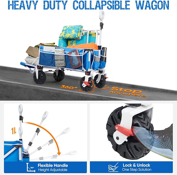 Old Bahama Bay 300lbs Extra Long 49" L Beach Wagon with Big Wheels with Brake for Sand, Collapsible Utility Beach Cart Heavy Duty Folding Wagon,Ideal for Outdoor Sand Camping Garden Pet