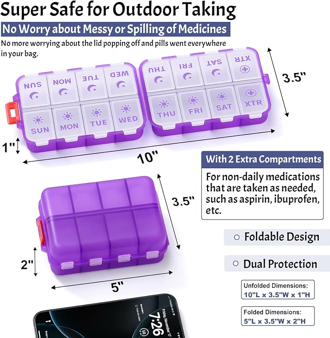 Foldable Weekly Pill Organizer 2 Times a Day with 2 Extra Compartments - Etched Labels - Portable 7 Day AM PM Medicine Box, Week Daily Travel Pill Case Holder for Vitamin, Supplement -Clear Purple