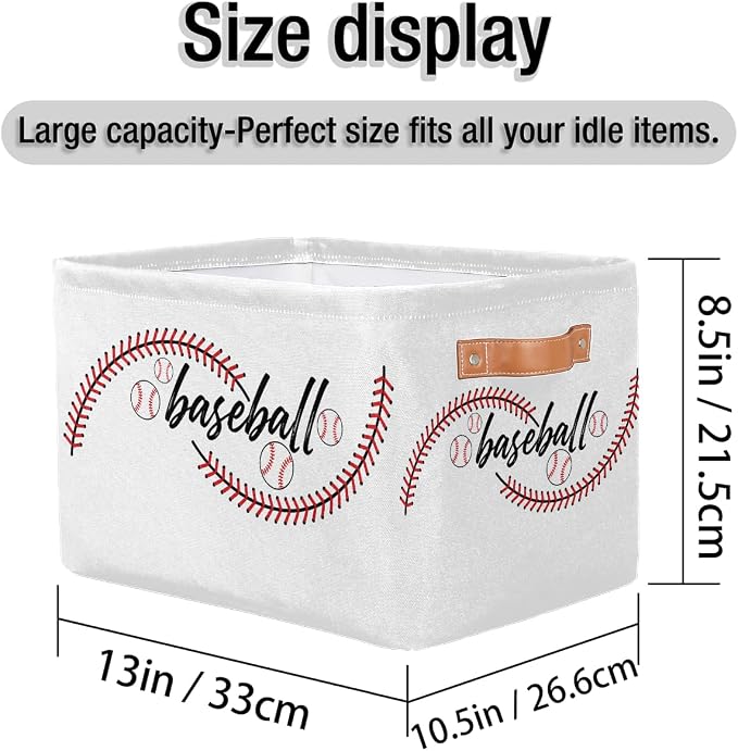 AUUXVA Storage Basket Baseball Stitches Storage Cube Box Sport Baseball Basket Softball Canvas Collapsible Toy Storage Bin Shelf Kids Gift Basket with Handles, 1Pc