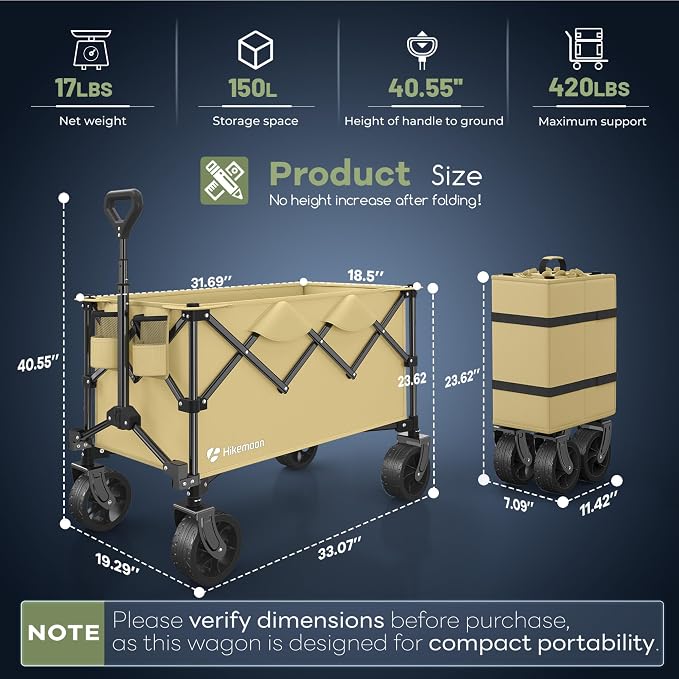 HIKEMOON 150L Collapsible Wagon Compact with Big Wheels, 420LBS Khaki | Wagons Carts Foldable, Heavy Duty, Portable, All-Terrain, Utility Folding Cart for Shopping/Beach/Garden/Camping/Sports