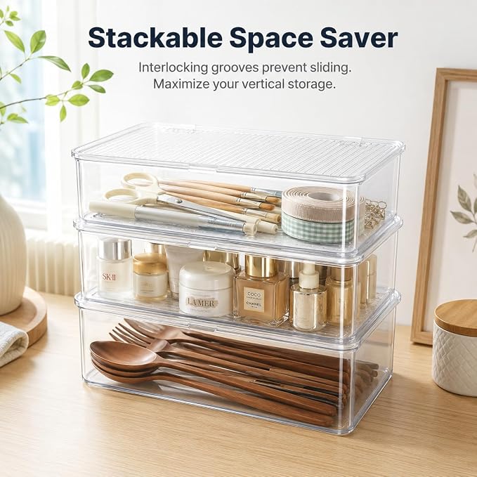 Clear Plastic Storage Bin with Lid, Small Silverware Organizer with Cover, Transparent Kitchen Utensil Drawer Tray for RV Countertop Flatware