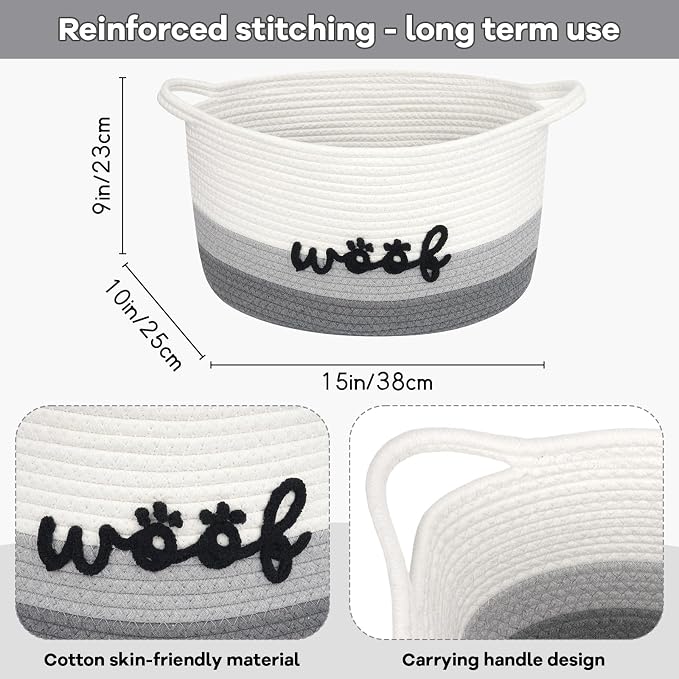 Dog Toy Basket Cute Basket for Baby, Woven Basket Toy Box and Bin for Pet Cat, 15" X 10" X 9" (22L) Large Rope Basket for Blanket Storage, Living Room, Bedroom, White Gray