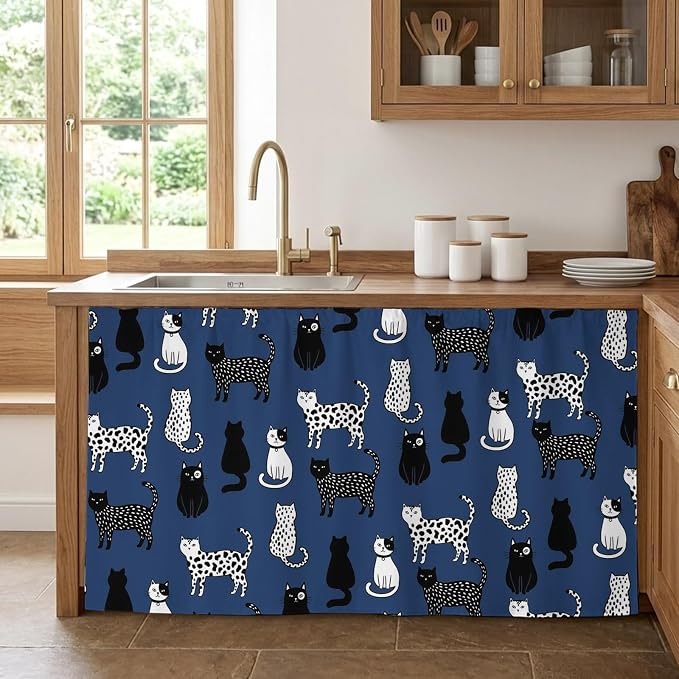Cat Animal Cabinet Curtain 28"Wx51"L,Dustproof Storage Cabinet Curtain with Self Adhesive Tape,Navy Blue Earthy Tone Vintage Pet Modern Tall Pantry Cover Drape for Kitchen,Laundry Room,Utility Closet