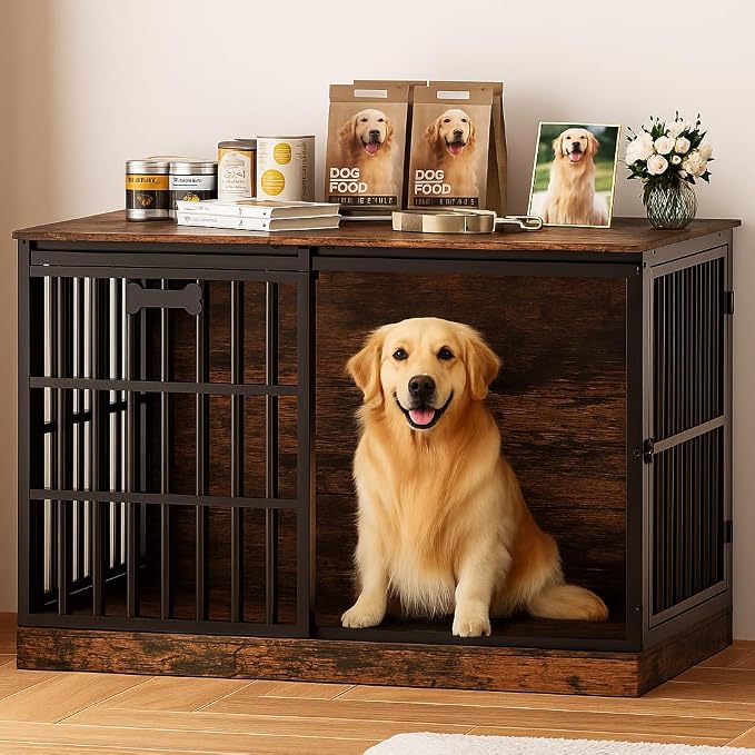 Petrova 47" Dog Crate Furniture for Large/Medium Dogs, Heavy Duty Dog Kennel Indoor with Name Tag, Wooden Dog Cage with Sliding Barn Door, Decorate House as TV Stand, End Table, Brown