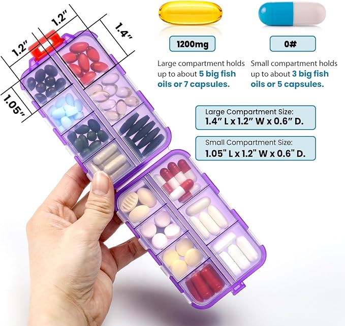 14 GRIDS Travel Pill Organizer Box with Labels - Travel Medicine Case Kit - Pocket Daily Pharmacy Container - Travel Medication Holder Dispenser for Fish Oil Vitamin Supplement Storage - Clear Purple
