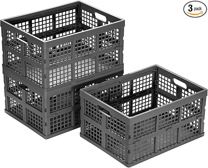Eslite 34L Large Plastic Folding Storage Crates,Collapsible Crates for Storage,Pack of 3 (Grey)