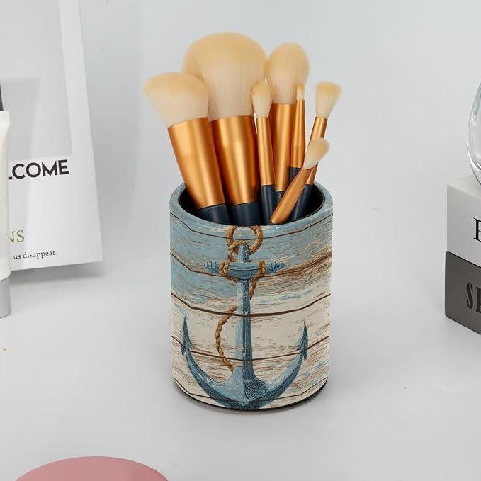 Faux Leather Pen Holder for Desk, Pencil Organizer Retro Anchor Pen Cup Desk Decor Makeup Brush Holder Storage for Office Home