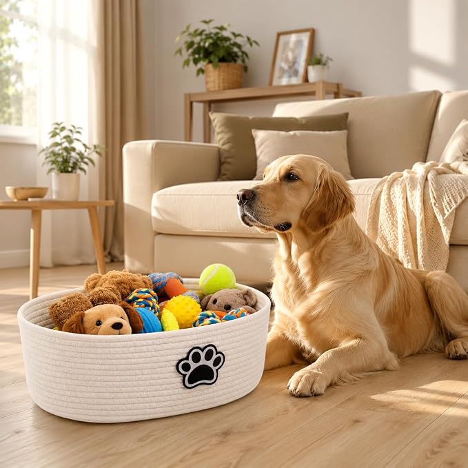 Woven Basket,Dog Toys Basket with Handle,Cute Cotton Gift Baskets Empty for Puppy Leash,Blanket Food, Accessories Pet and Household Storing
