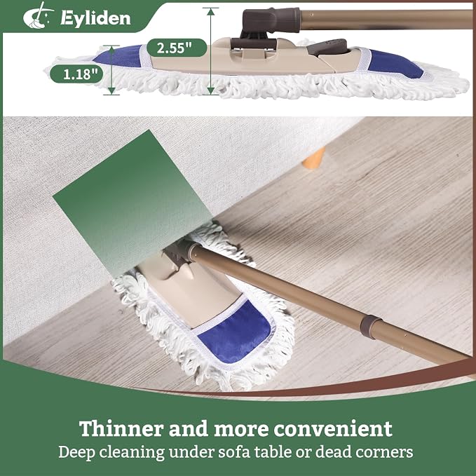 Eyliden Dust Mop, 2 Microfiber Pads, Home Commercial Cleaning, Quick Swap | 52.6" Adjustable Handle, 360° Swivel, Washable, Wet Dry Mops for Kitchen Hardwood Vinyl Tile Floor Cleaning, Push Dust Broom