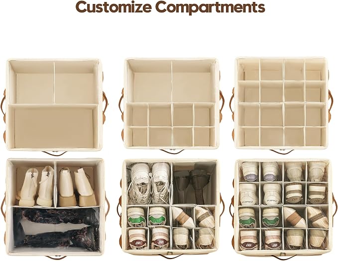 Varhomax Shoe Organizer Box for Closet, Fabric Shoe Storage Bin with Adjustable Dividers & Clear Cover, Holds up 16-32 Pairs of Sneakers & Sandals for Entryway, Cubby