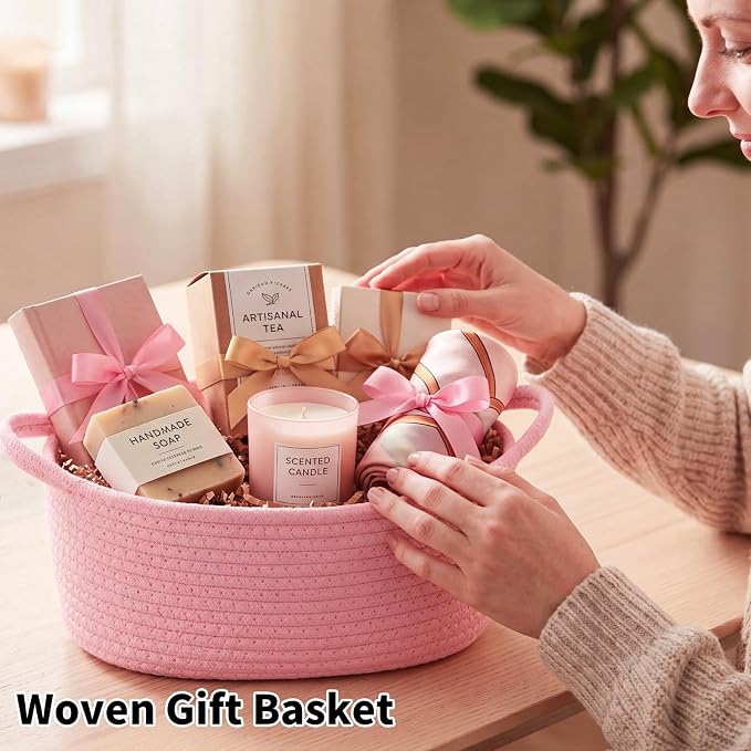 Baby Gift Basket Empty with Handle 13"x 8"x 5.5" | Woven Cotton Rope Basket for Gifts Empty Baby Shower Nursery Toy Storage Girls Living Room Bedroom Bathroom