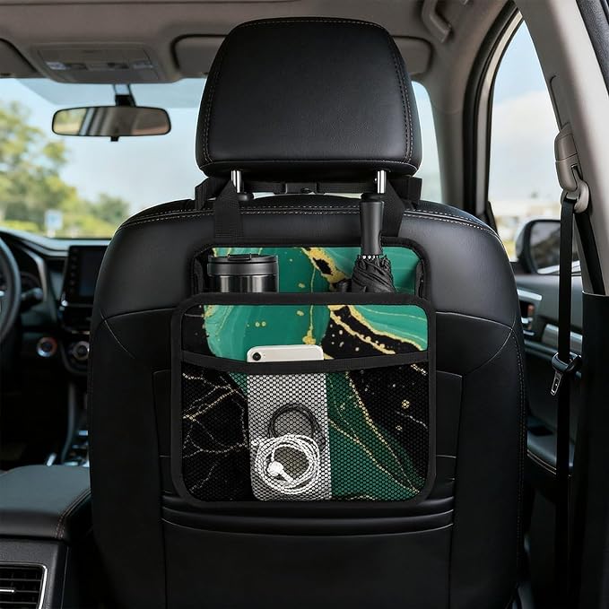Car Organizers for Seat Back Vehicle Backseat Storage Pocket, Teal | Turquoise Green Gold Black Marble, Auto Hanging Pouch Trash Bag with Adjustable Buckle, Universal Fit for Vehicle Truck