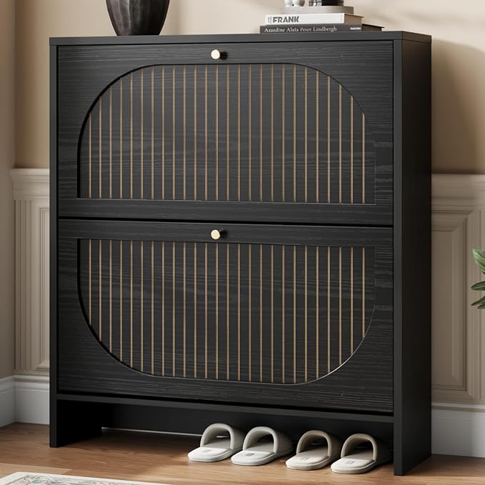 Shoe Cabinet Storage for Entryway, Narrow Shoe Rack 2 Flip Drawers with 3-Level Adjustable Shelves, 9.5" Slim Cabinet for Small Spaces, Midnight Black Wood Storage Cabinets Fits Size 12+
