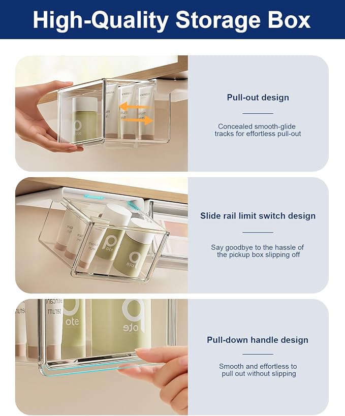 Hanging Cabinet Organizer – 33° Tilted Under Desk Drawer & Bathroom Storage – Self-Adhesive Clear Pull-Out Bins for Kitchen, Office & Vanity (Medium)