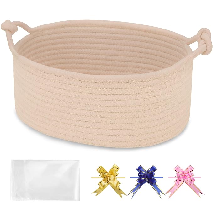Small Empty Gift Basket with Bag & Ribbons, Beige | 12“x8”x5”, Cotton Rope Woven Basket for Birthdays, Baby Showers, Mother's Day, Christmas; Stores Small Items, Kids & Pet Toys